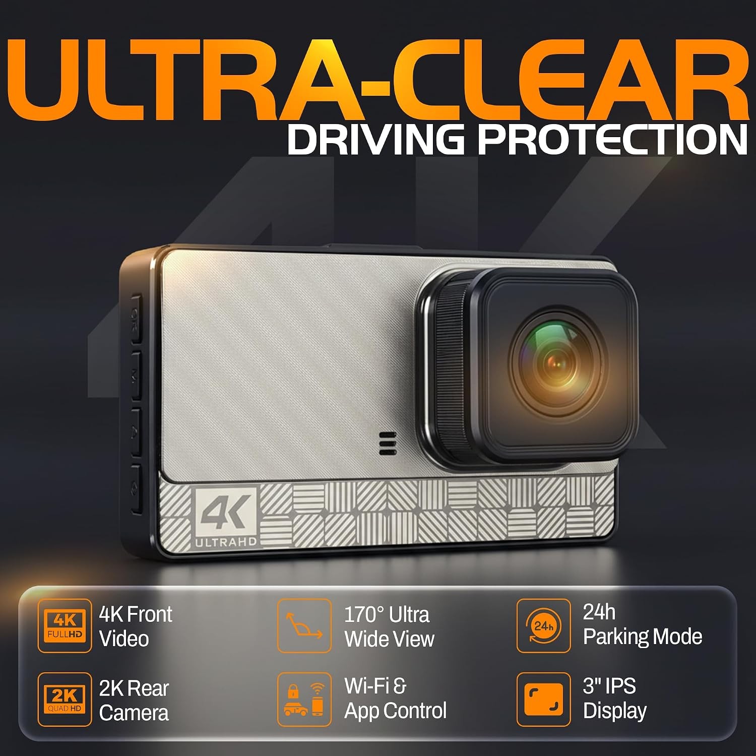BRAND NEW 4K Front Dash Cam 2K Rear Full HD Wide Angle Night Vision Dash Camera
