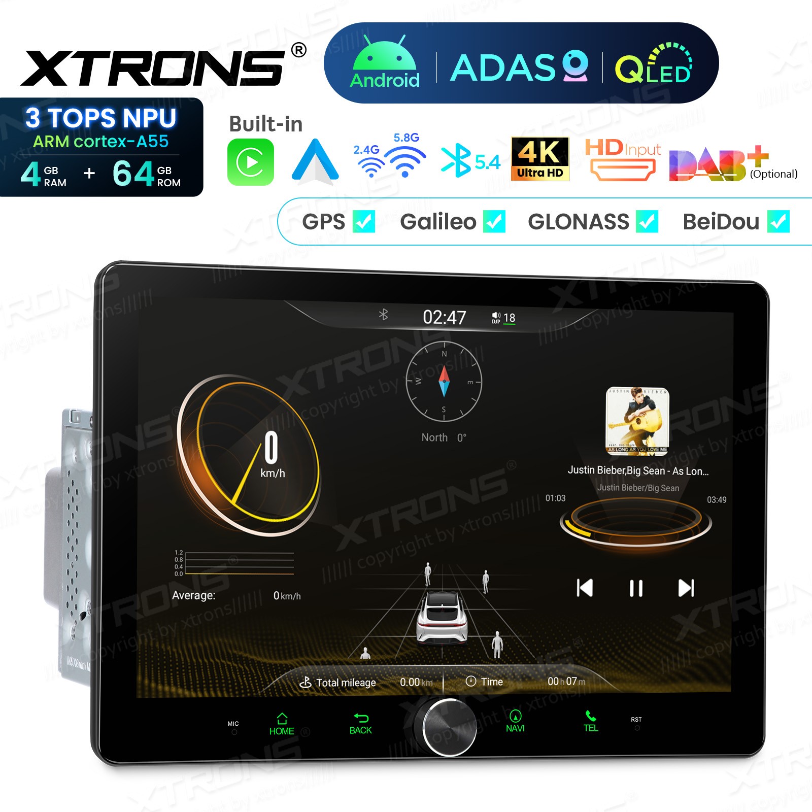 10.1″ QLED 2 DIN AI NPU Android 14 Car Radio Stereo 4+64G CarPlay ADAS Dash CAM