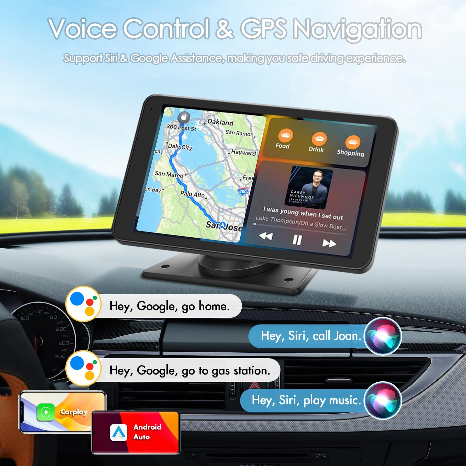 Portable Wireless Carplay Car Stereo, 7″ HD Touchscreen for 7 inch, Black