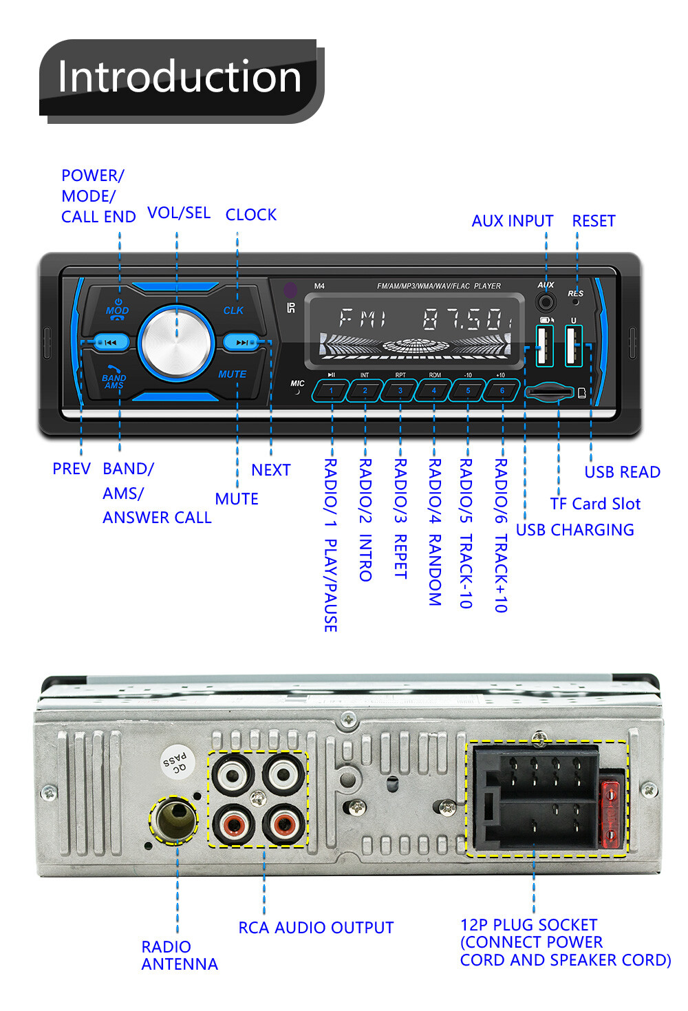 Single 1Din Bluetooth Car Stereo MP3 Player FM AM Radio Head Unit USB/AUX/TF 12V