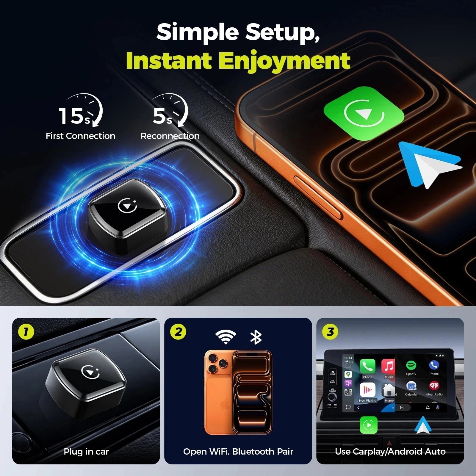 4 IN 1 Wireless CarPlay Android Auto USB Dongle Mirror Link Adapter Plug & Play
