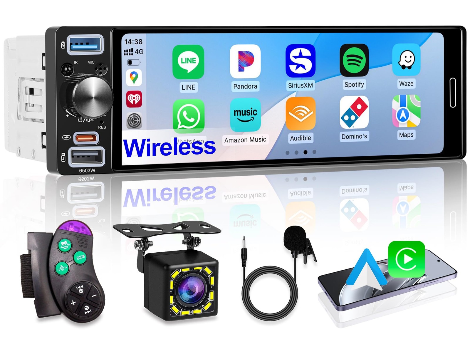 6.5″ Single Din Car Stereo, Wireless Apple CarPlay Android Auto, Car Bluetoot…