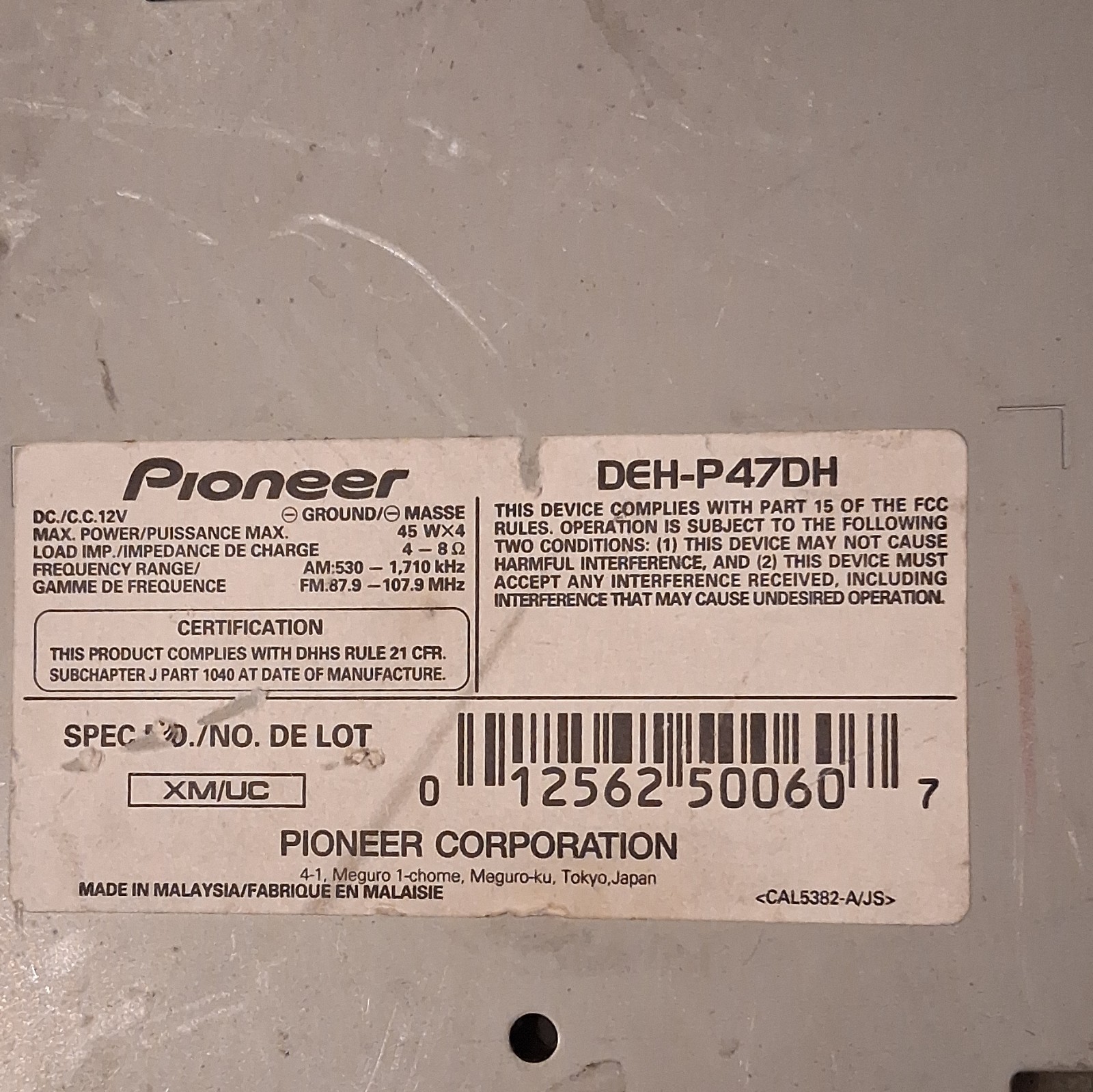 Pioneer DEH-P47DH 1 DIN In-Dash Car Radio Stereo Receiver Detachable Face