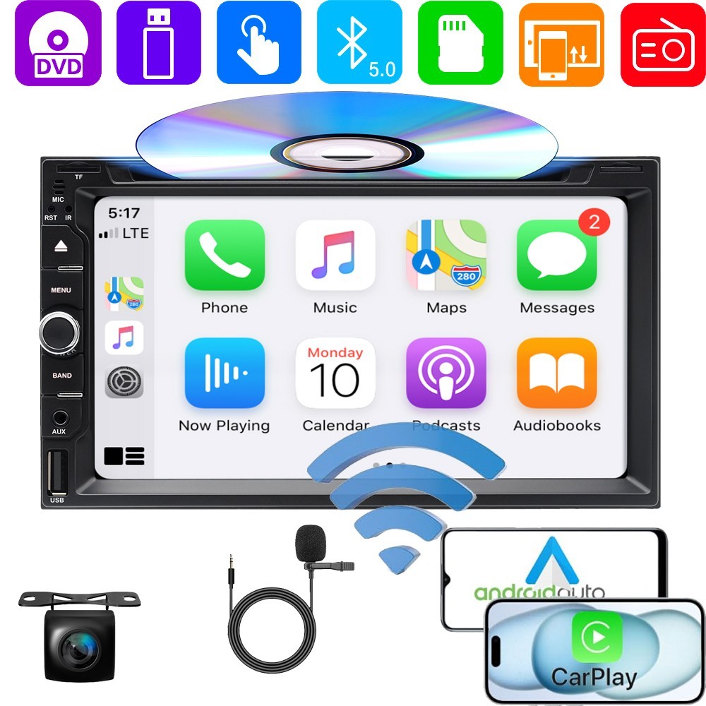 Double Din Car Stereo Radio CD DVD Bluetooth In-Dash Player w/Carplay GPS +Cam