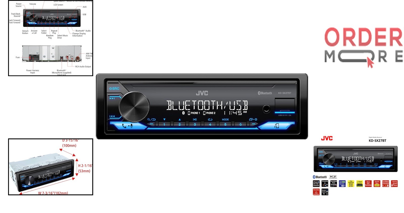 Car Stereo Bluetooth 100W USB Aux-in FM AM Single DIN Receiver Remote