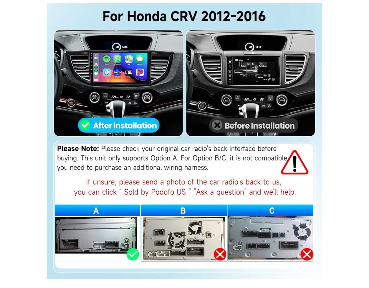 Podofo Car Radio for Honda CRV 2012-2016 Wireless Apple CarPlay 9” Touchscreen