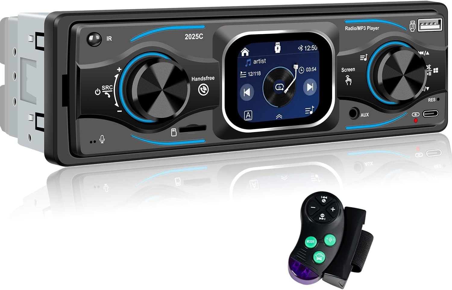 Compact 1 Din Car Stereo with FM Radio, Bluetooth & Type-C Charge Capability