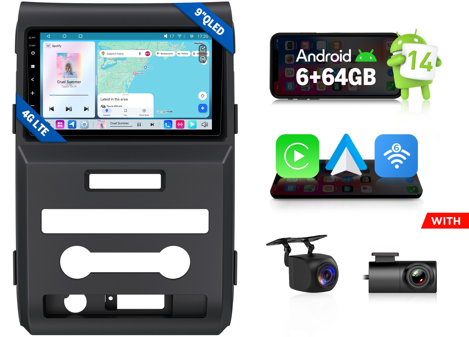Android 14 6+64 9″Car Stereo GPS Navigation CarPlay 4G Radio Ford F150 2009 2010