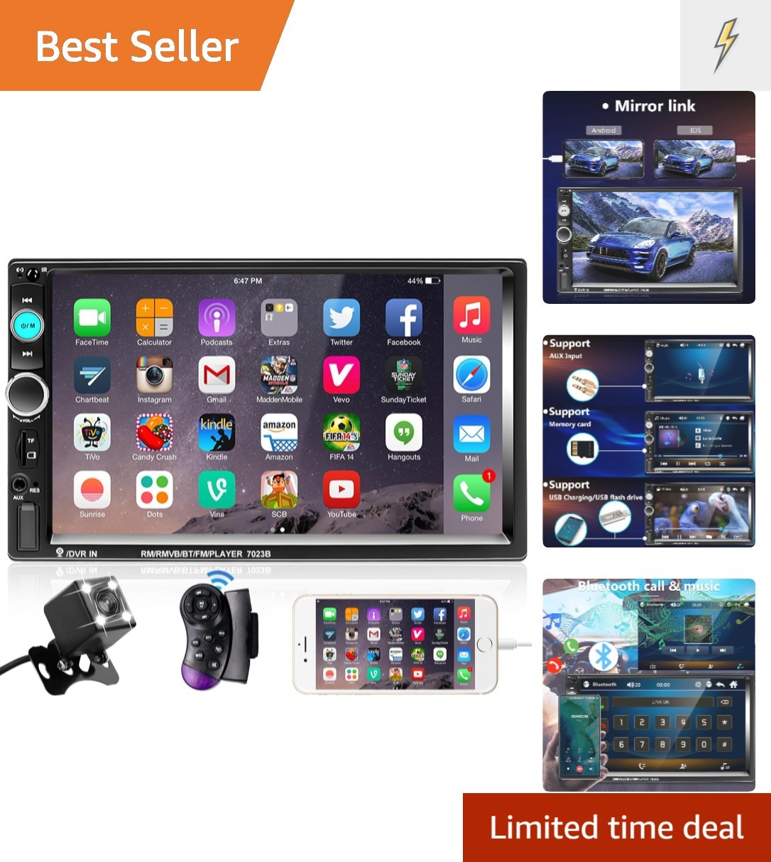 7 Inch Touchscreen Car Stereo Bluetooth Receiver with HD Backup Camera & Control
