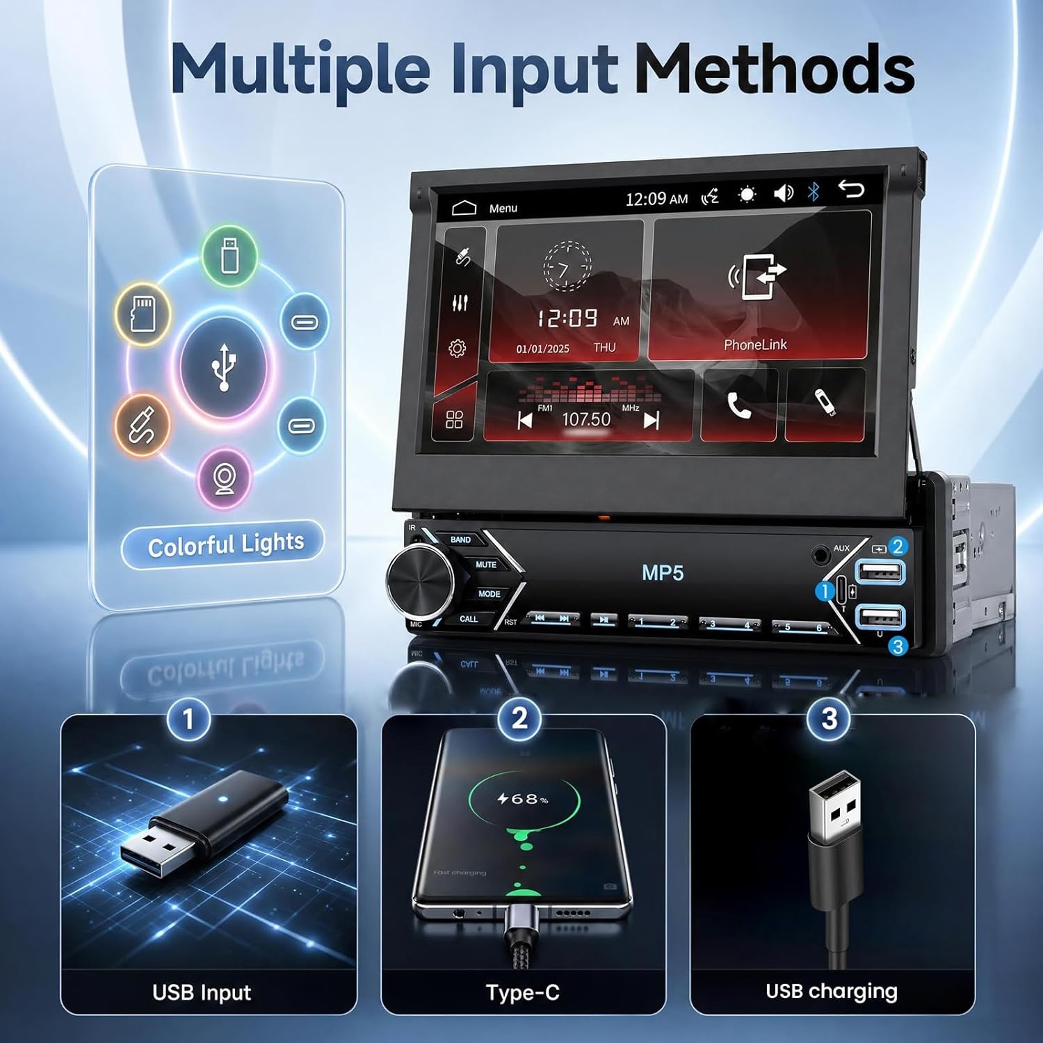 7″ Car Stereo Radio Single 1Din Flip Out Touch Screen MP5 Player USB Bluetooth