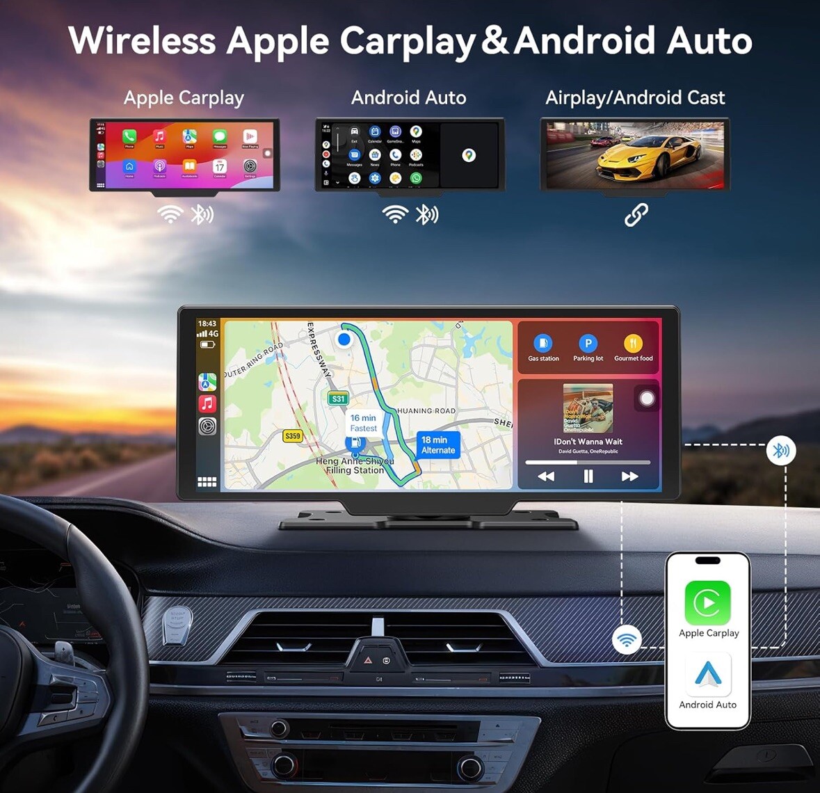 Wireless Carplay Screen, 10.26 inch IPS FHD Touchscreen, Back Up Cam Dash Cam