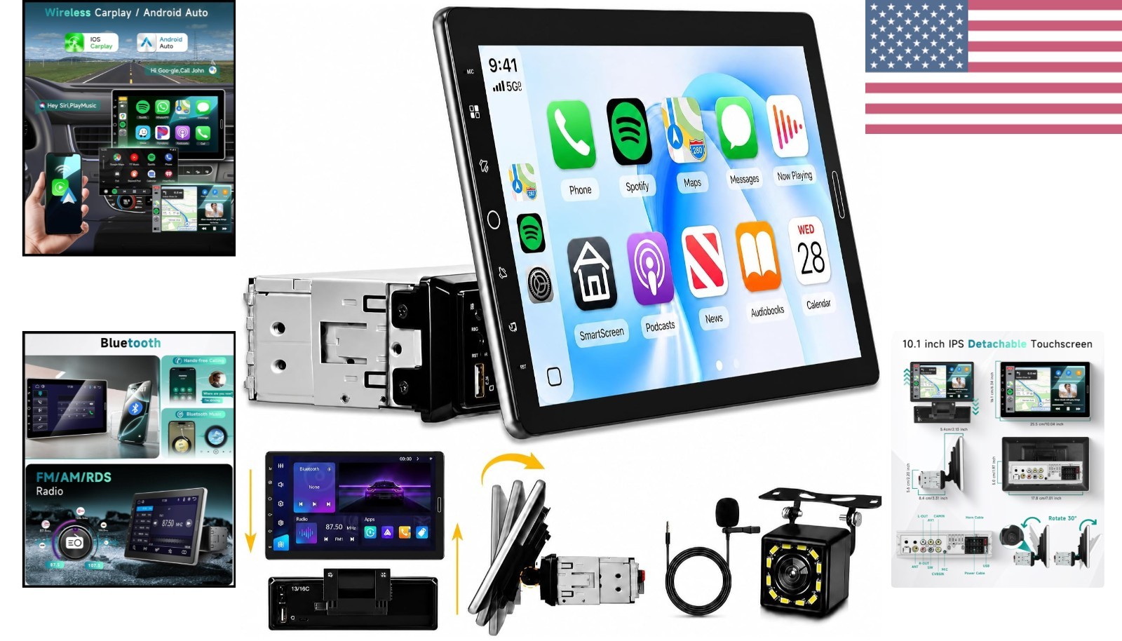 10.1 inch Single Din Car Stereo with FM/RDS Wireless Carplay Android Auto Bac…