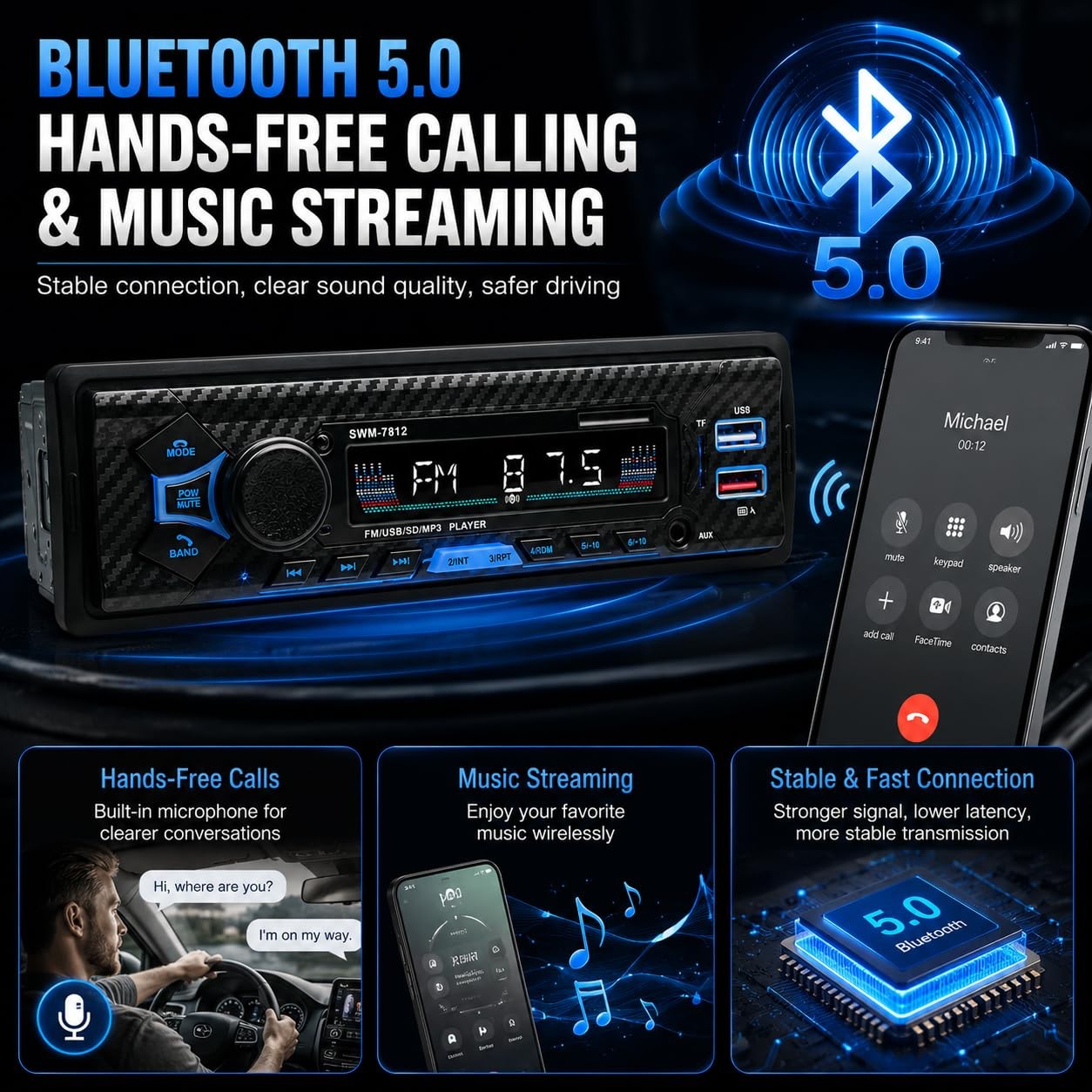 Single Din Car Radio Stereo Bluetooth AI Voice Steering Wheel Control FM USB