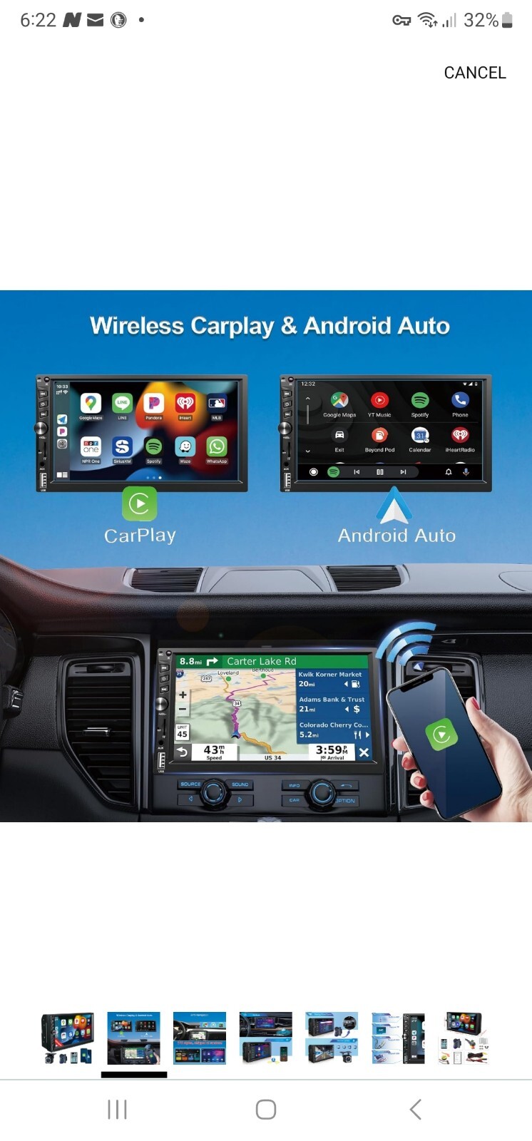 7 Inch Double DIN Apple CarPlay Android Auto Car Stereo Touch Screen FM USB BT