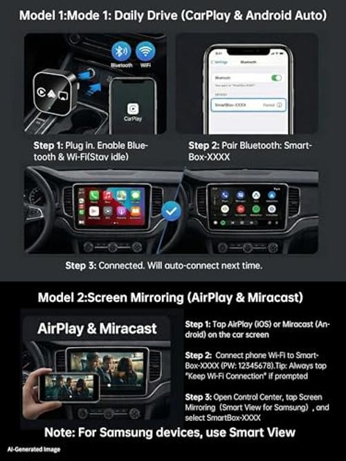 4-in-1 Wireless CarPlay Android Auto Adapter AirPlay & Miracast Media Hub Black