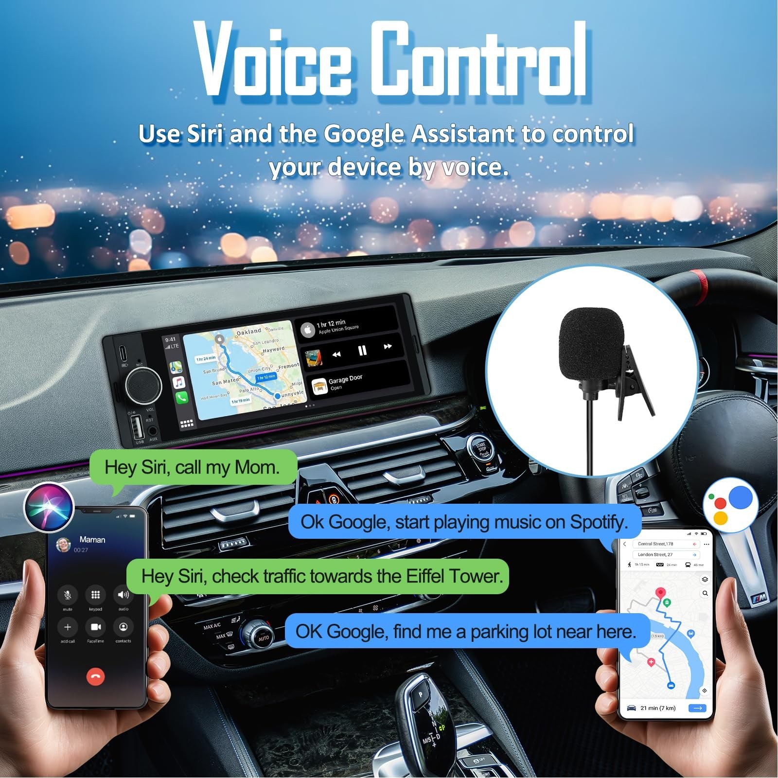 Single DIN Car Radio with 6.36″ HD Touchscreen, Bluetooth, Backup Camera, CarPla