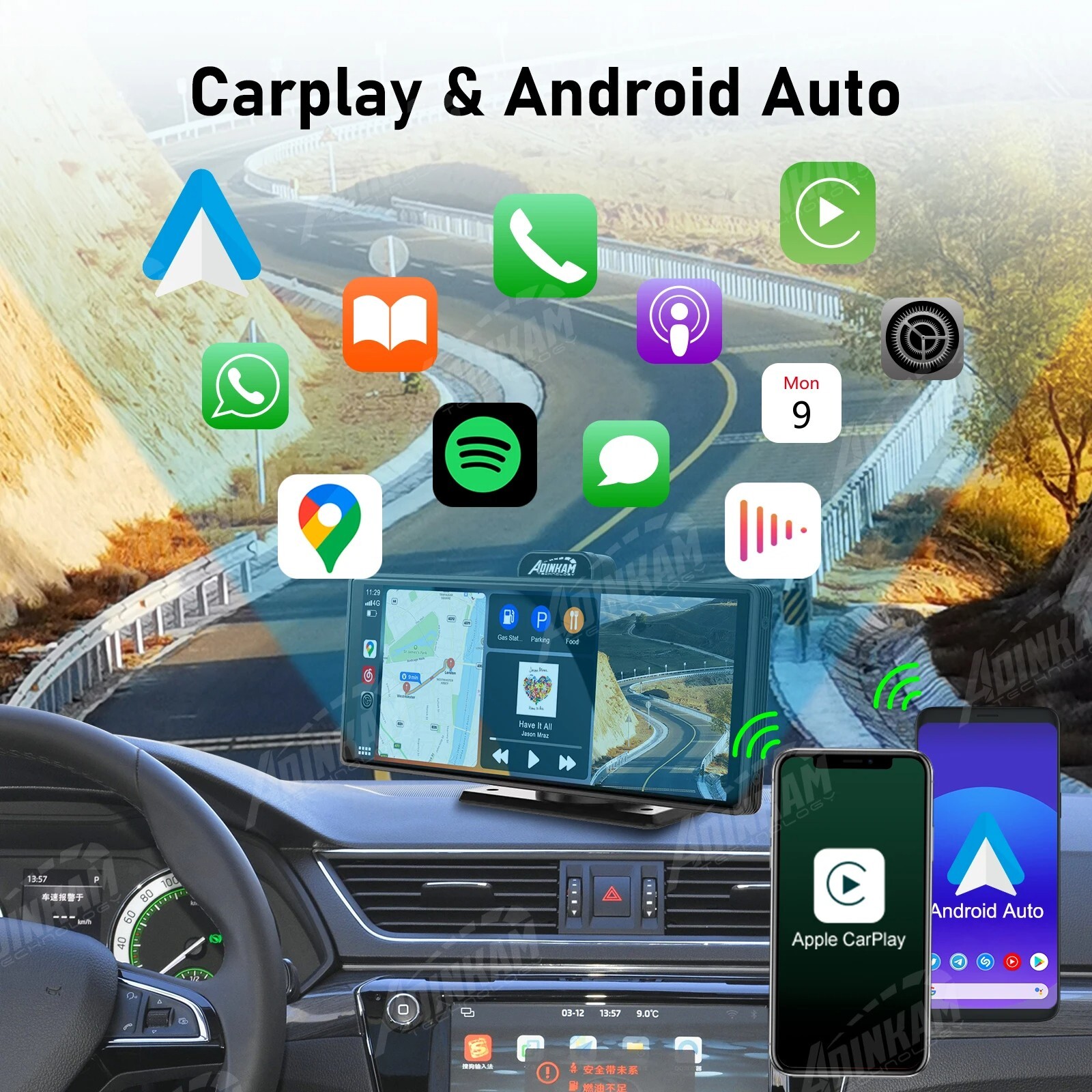 Portable Carplay screen for car with wireless carplay, android auto, bluetooth,