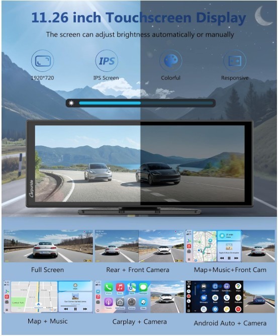 11.26″ Portable CarPlay & Android Auto Touchscreen with 4K Dash Cam