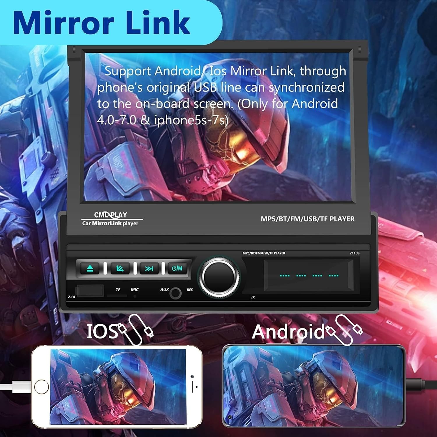 Single Din 7-Inch Motorized Car Radio with Bluetooth & Mirror Link Capabilities