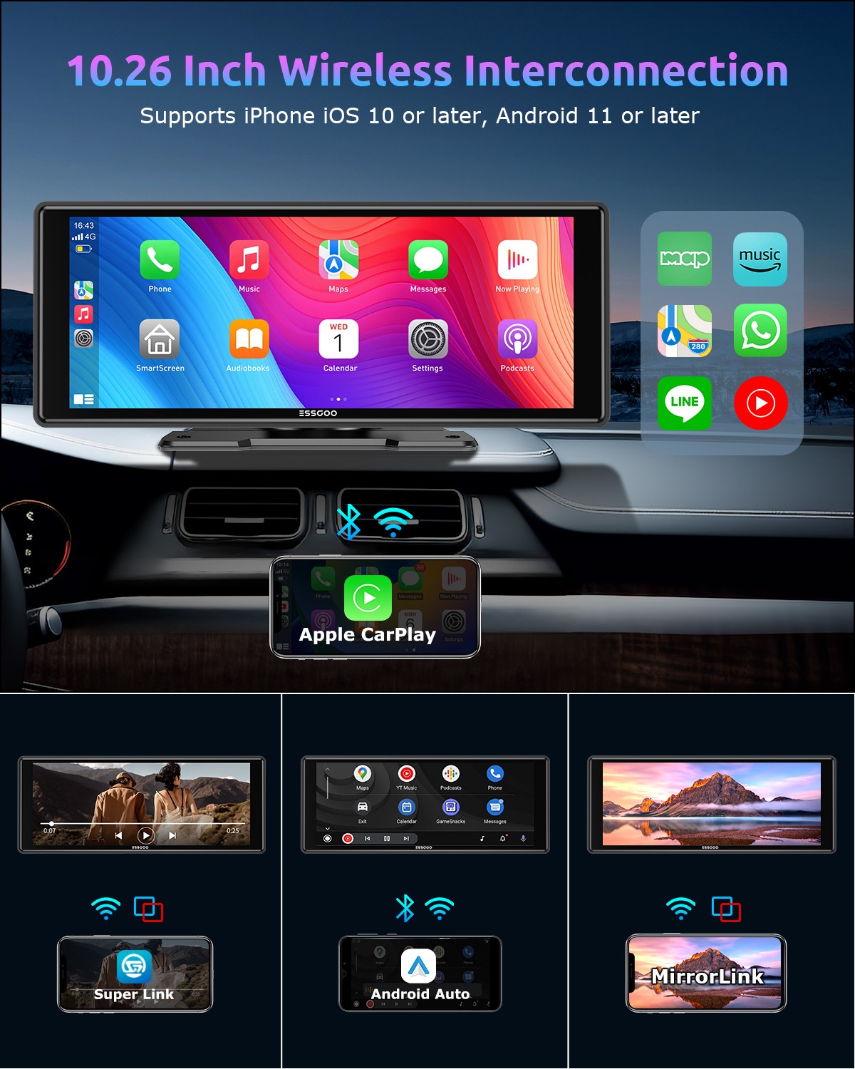 10.26″ HD Wireless Android & Carplay Screen for Car, Portable Touchscreen 4K+CAM