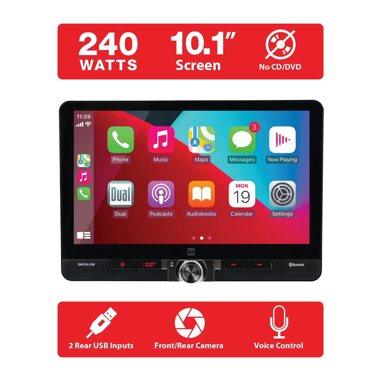 Dual Electronics 10.1″ Touchscreen Car Stereo Receiver with Wireless Apple CarPl