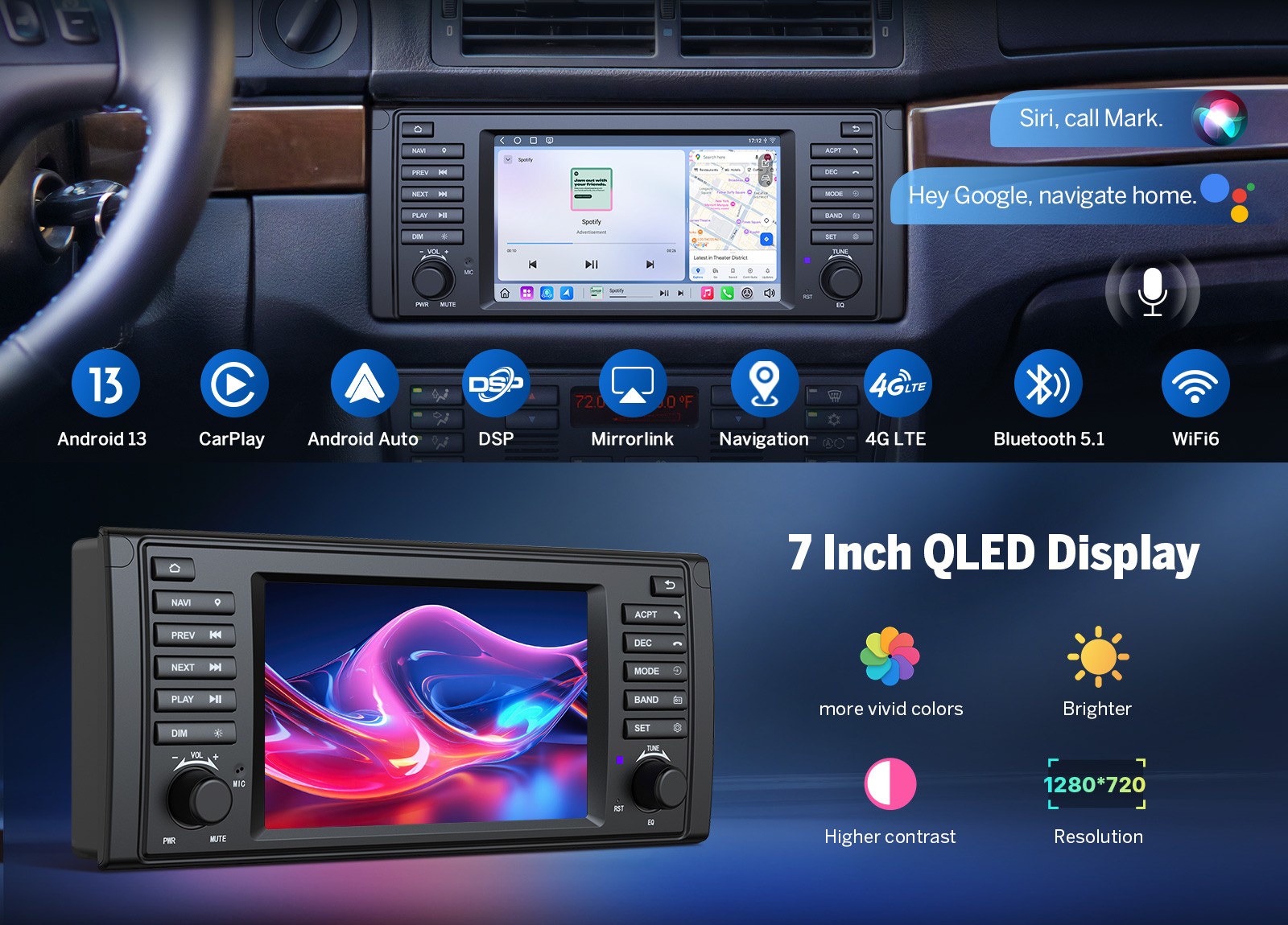 QLED 7″ Touch Screen Car Stereo Upgrade For BMW E39 528i 530i 540i Android Auto
