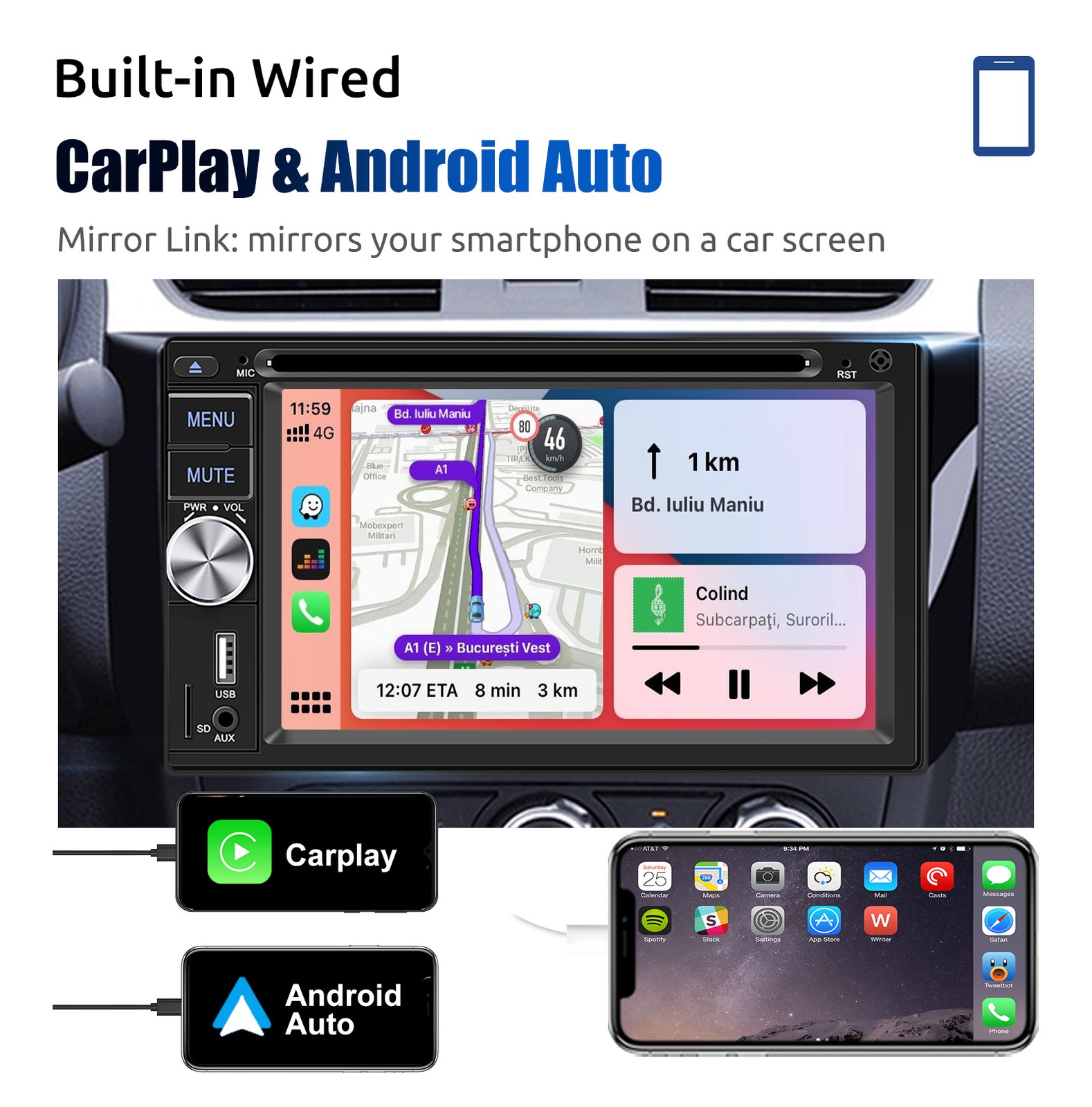 2 DIN 6.2″ Carplay Android Auto Car Stereo CD DVD MP5 Radio Bluetooth USB RDS/FM