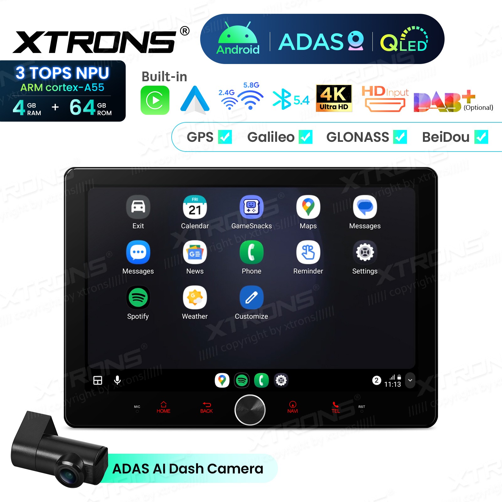 10.1″ QLED 2 DIN AI NPU Android 14 Car Radio Stereo 4+64G CarPlay ADAS Dash CAM