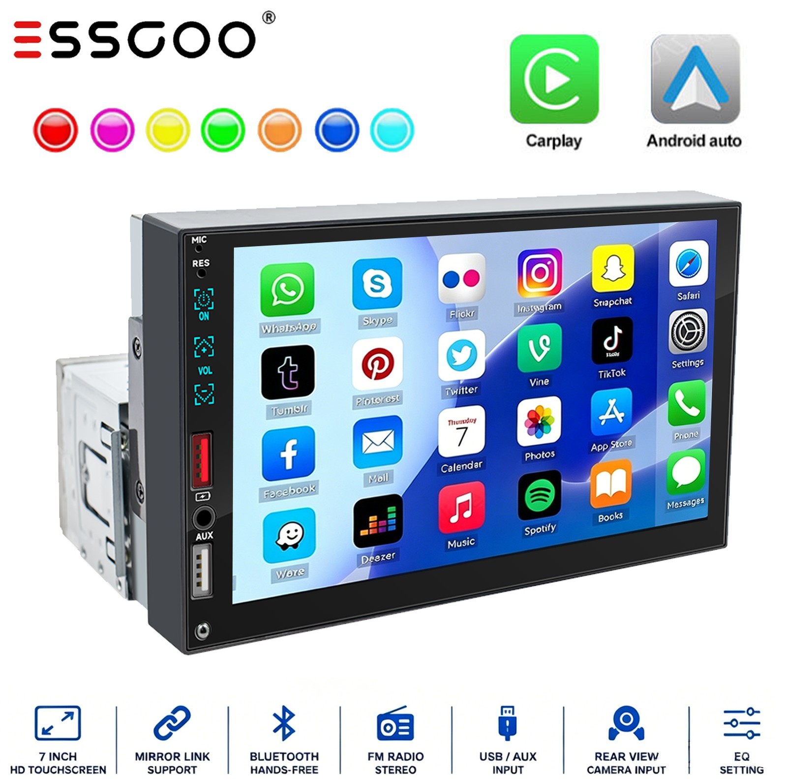 1Din 7″ Touchscreen Car Stereo with Bluetooth, Android/Apple CarPlay & GPS Radio