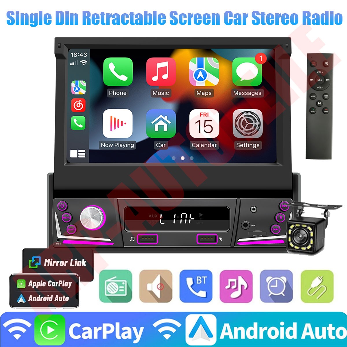 7” Single Din Android 15 Retractable Screen Car Radio GPS WIFI Carplay + Remote