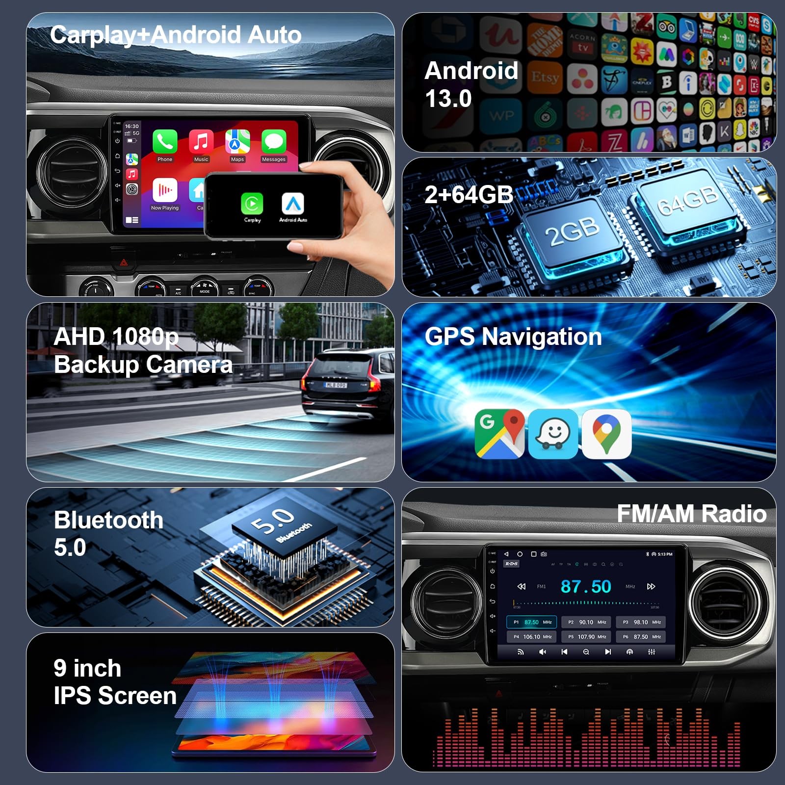 9″ Touchscreen Wireless Carplay Android Auto Stereo for 2016-2023 Toyota Tacoma