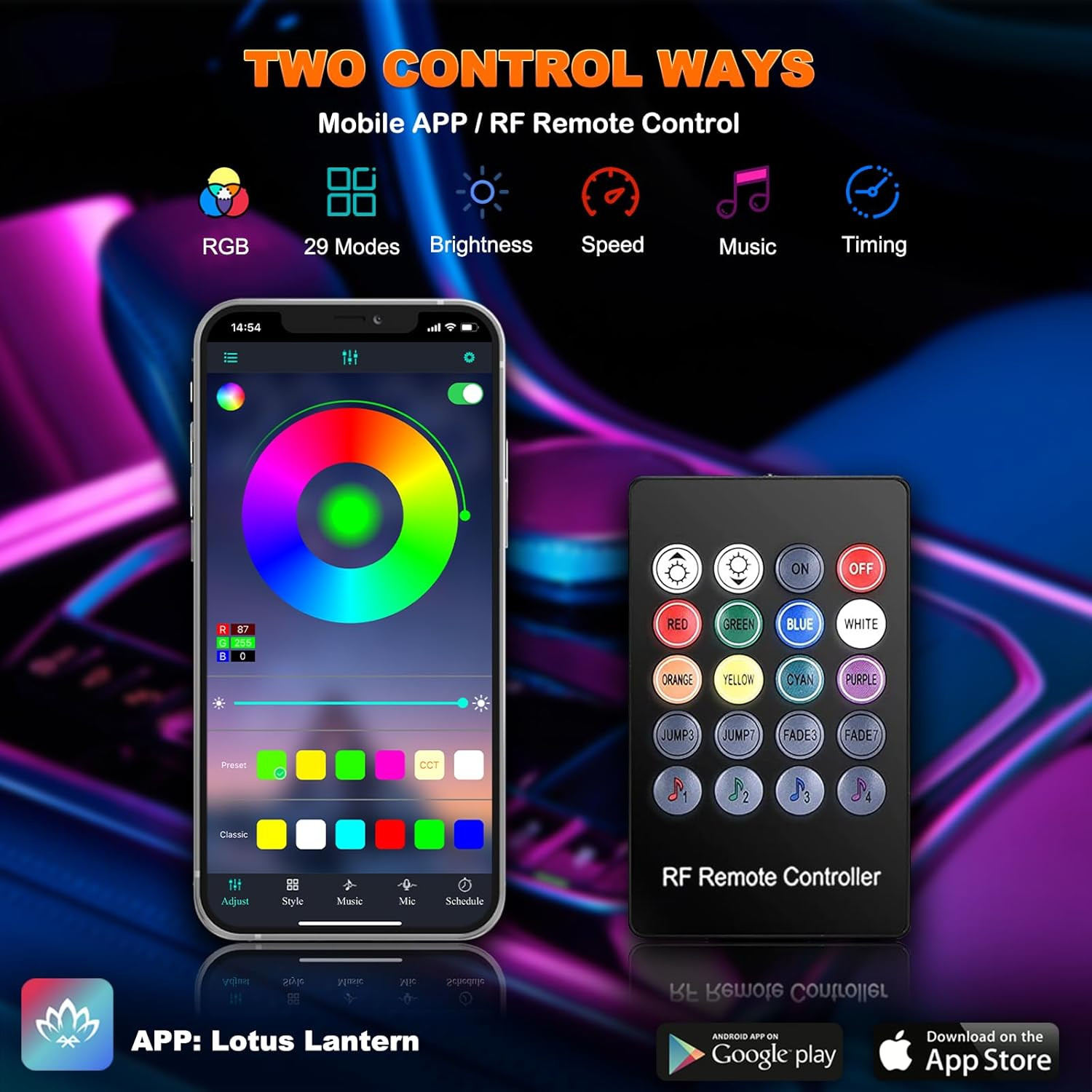 Car LED Strip Lights, USB Interior Ambient Lighting Kits with Wireless APP and R