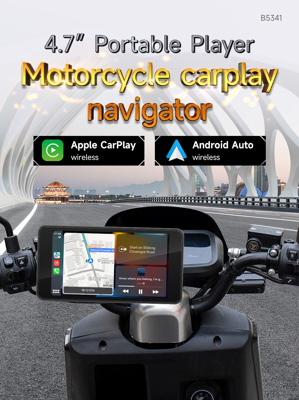 5″ Waterproof Motorcycle Navigator Portable Wireless CarPlay Android Auto Screen