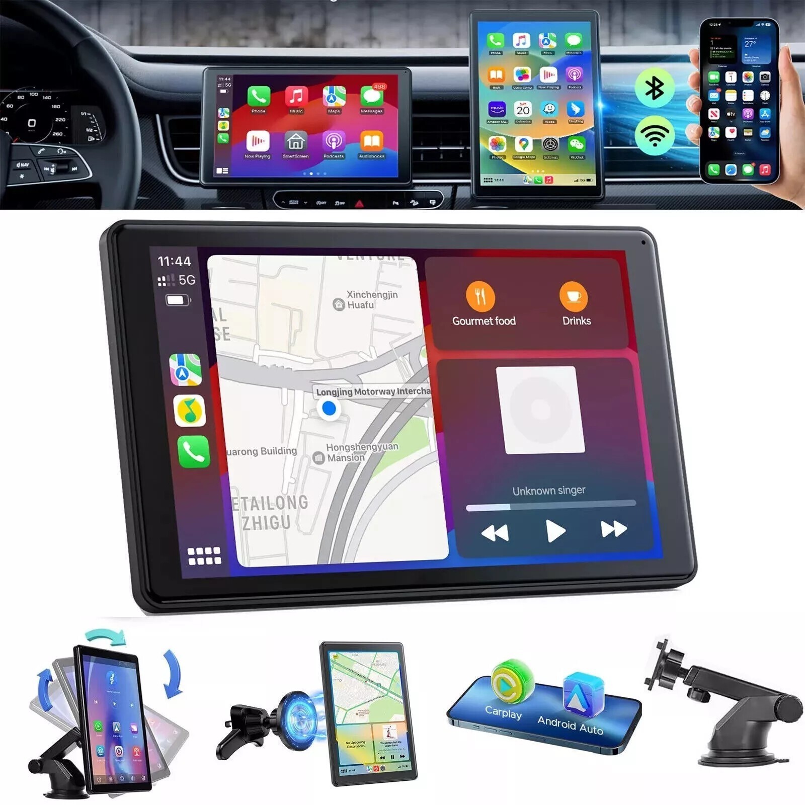 New Portable Car Stereo 7″ Touch Screen BT Wireless Apple Carplay Android Auto