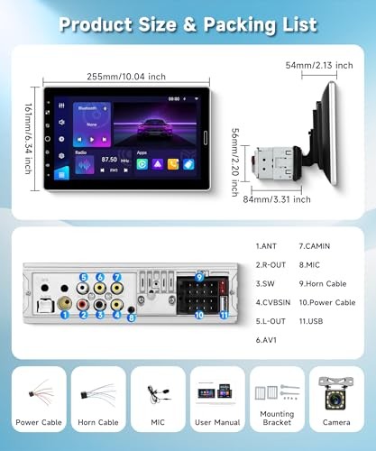 Single Din Car Stereo Wireless CarPlay Android Auto, Detachable IPS 10.1 inch