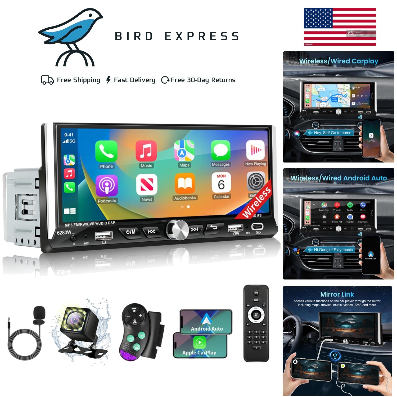 6.9-inch Single Din Car Stereo Bluetooth GPS Navigation Mirror Link Touchscreen