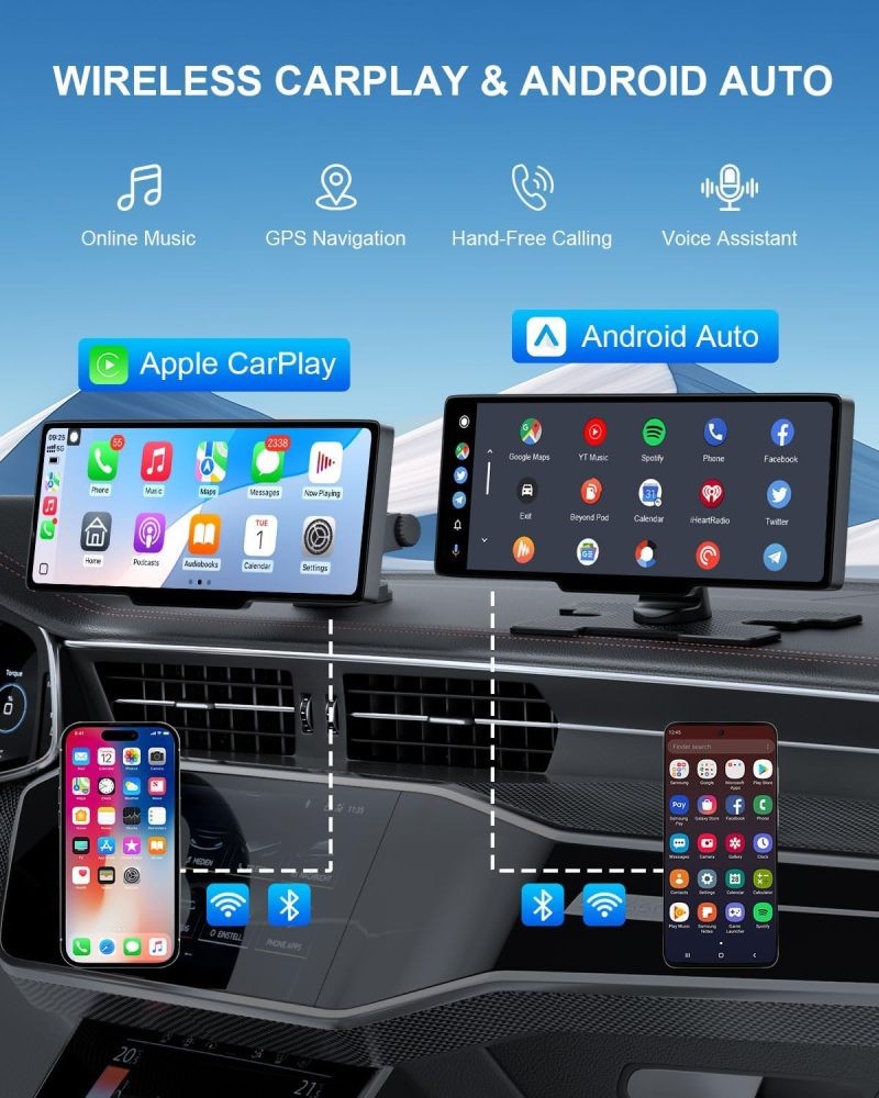 10.26″ Wireless Carplay Multimedia Smart Screen Player Android 15 Navi GPS CAM