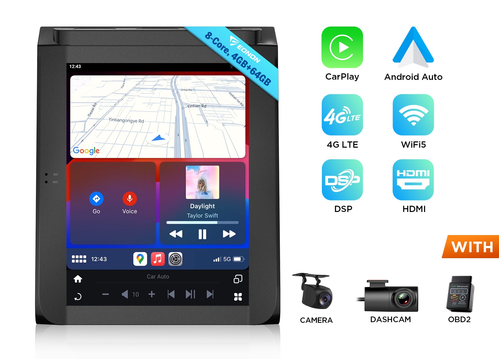 OBD+DVR+ 4+64 Android 12.1″ Car Stereo Radio CarPlay GPS For Ford F150 2015-2020