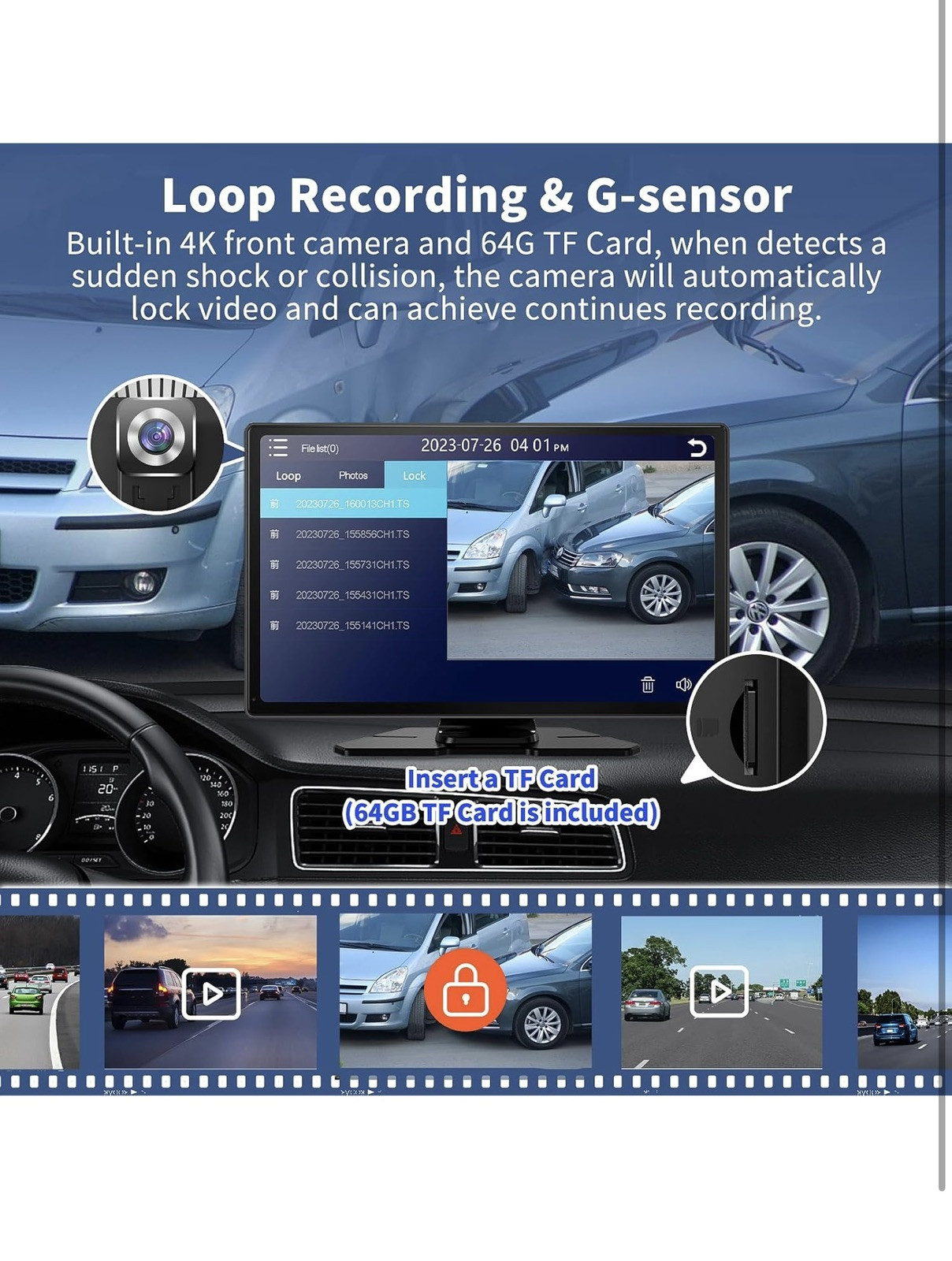 Wireless Carplay Screen with 4K Dash Cam, 9″ Portable Carplay Screen for Black