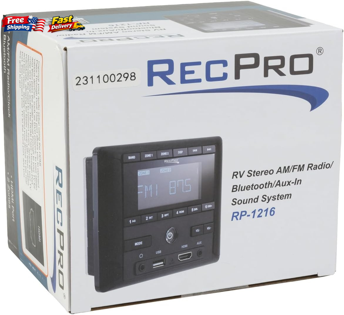 RV Stereo AM/FM Radio with Bluetooth HDMI Aux-in 4-Channel Audio Sound System 1p