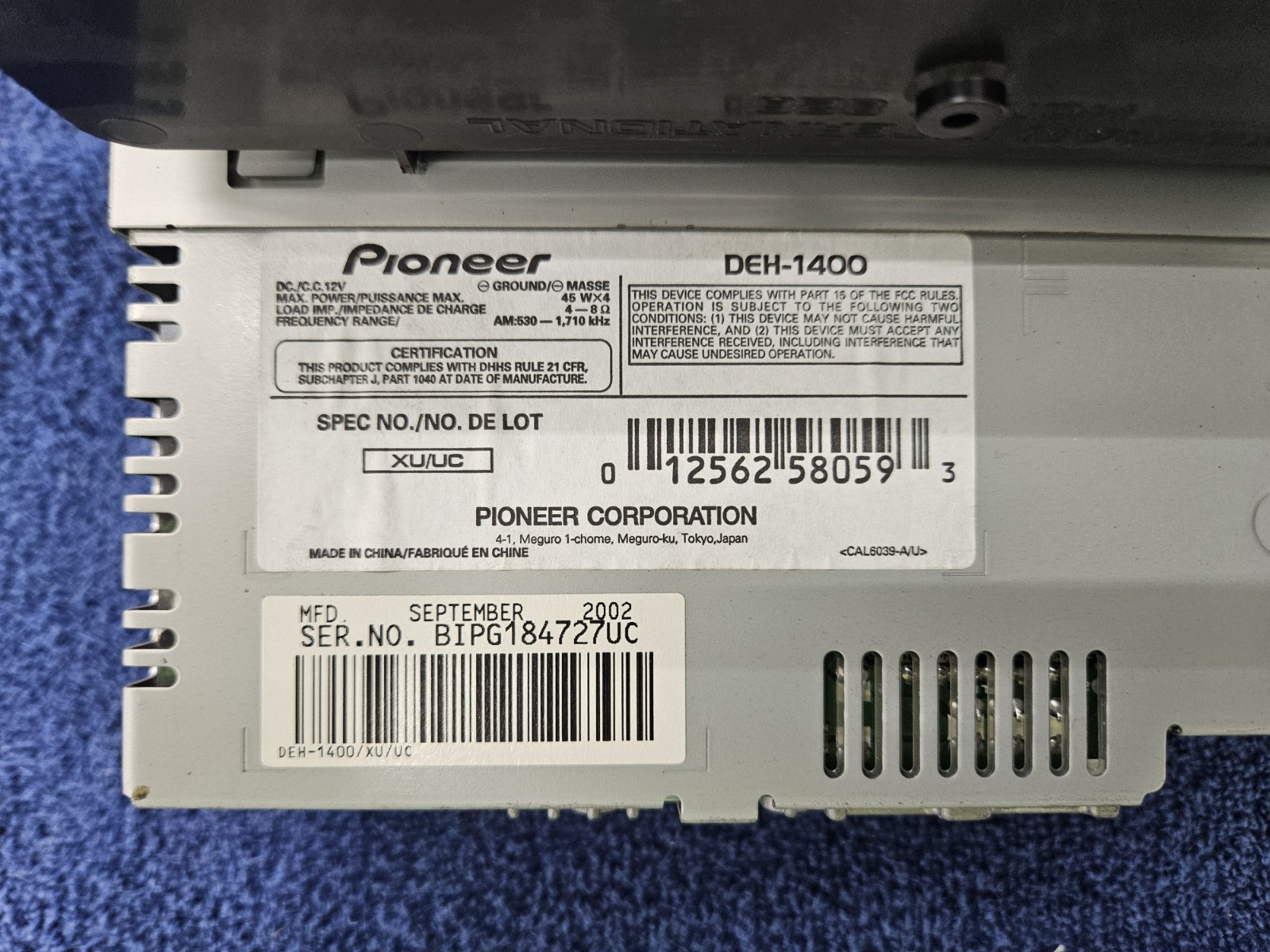 Pioneer DEH-1400 CD/ Receiver, Head Unit, Easy EQ, Working Condition