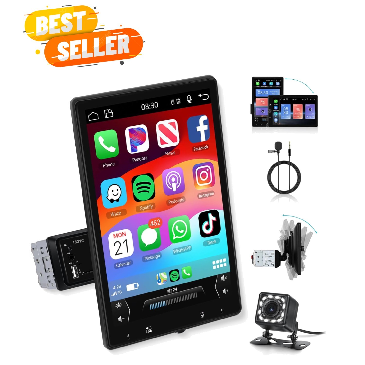 10.4″ Single Din Rotatable Touch Screen Car Stereo Wireless Carplay& Android …