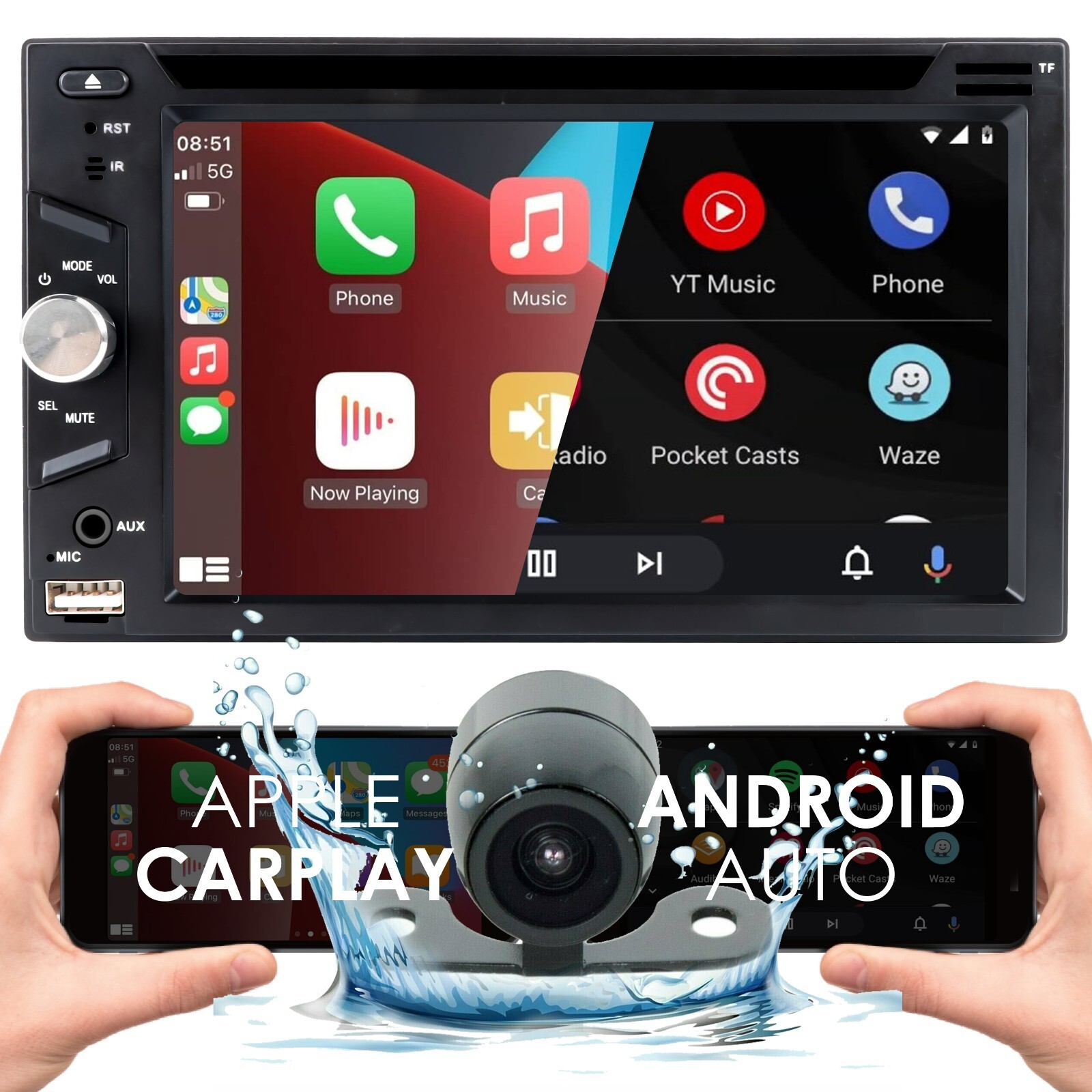 DVD Car Stereo Receiver Work w/ Bluetooth, Apple CarPlay, Android Auto, CAM PK1