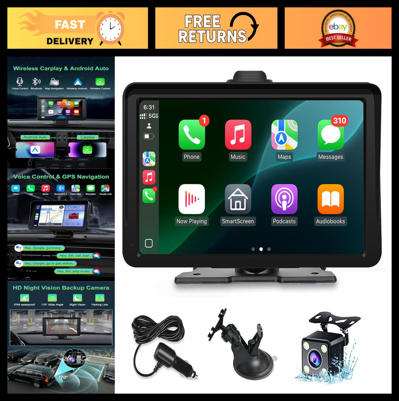 7″ HD Portable Wireless CarPlay & Android Auto Screen, 1080P Backup Camera, GPS,