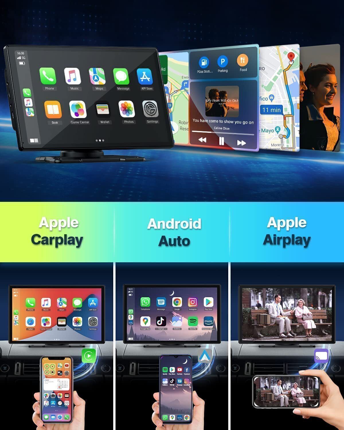 9 Inch HD Touch Screen Portable Apple CarPlay &Android Auto Car Stereo+Rear Cam