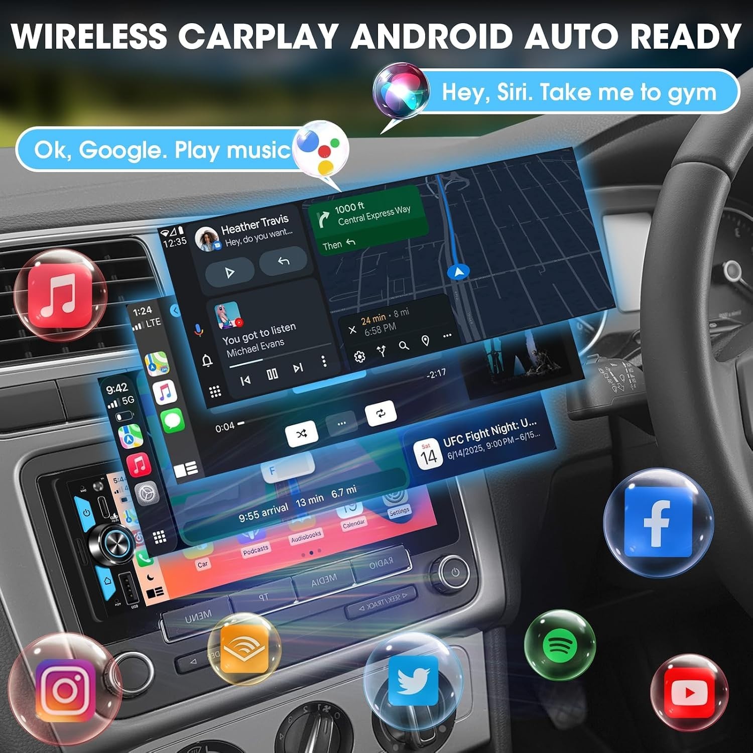 Single Din CarPlay Multimedia Receiver: 6.5 Inch Wireless Android Auto Car St…