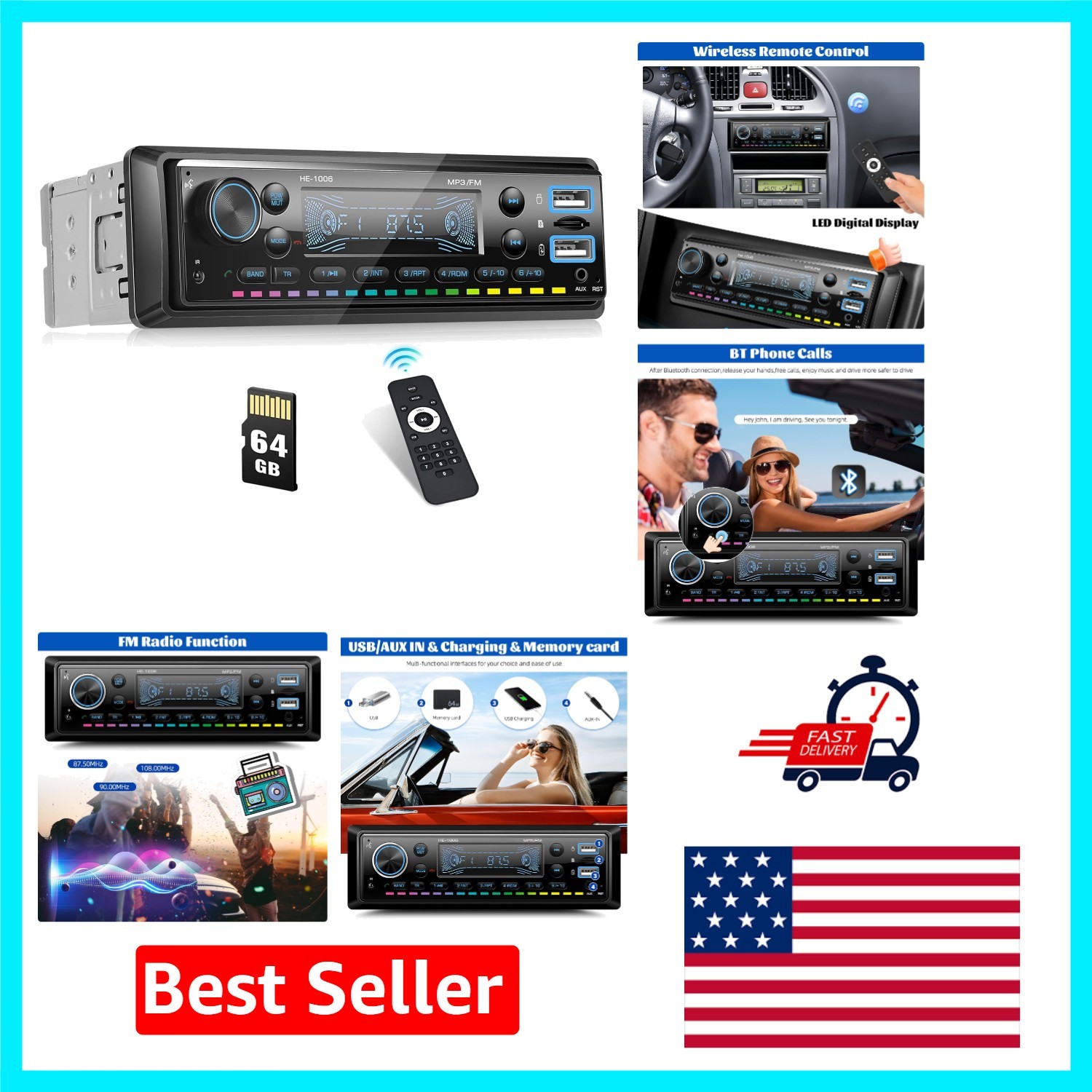 Multimedia Car Stereo with FM Radio, Quick Charge & Hands-Free Bluetooth Calling