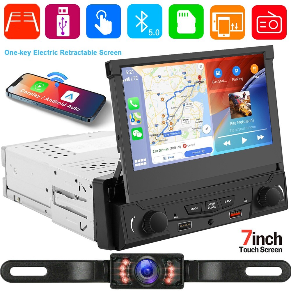 Car Stereo Wireless Apple Carplay Android Aut 1 Din 7″ Bluetooth Flip Out Radio