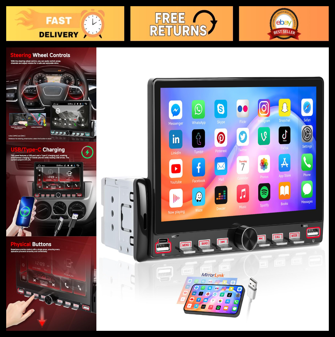 7″ Single Din Car Stereo Bluetooth, Mirror Link, Steering Wheel Control, FM Radi