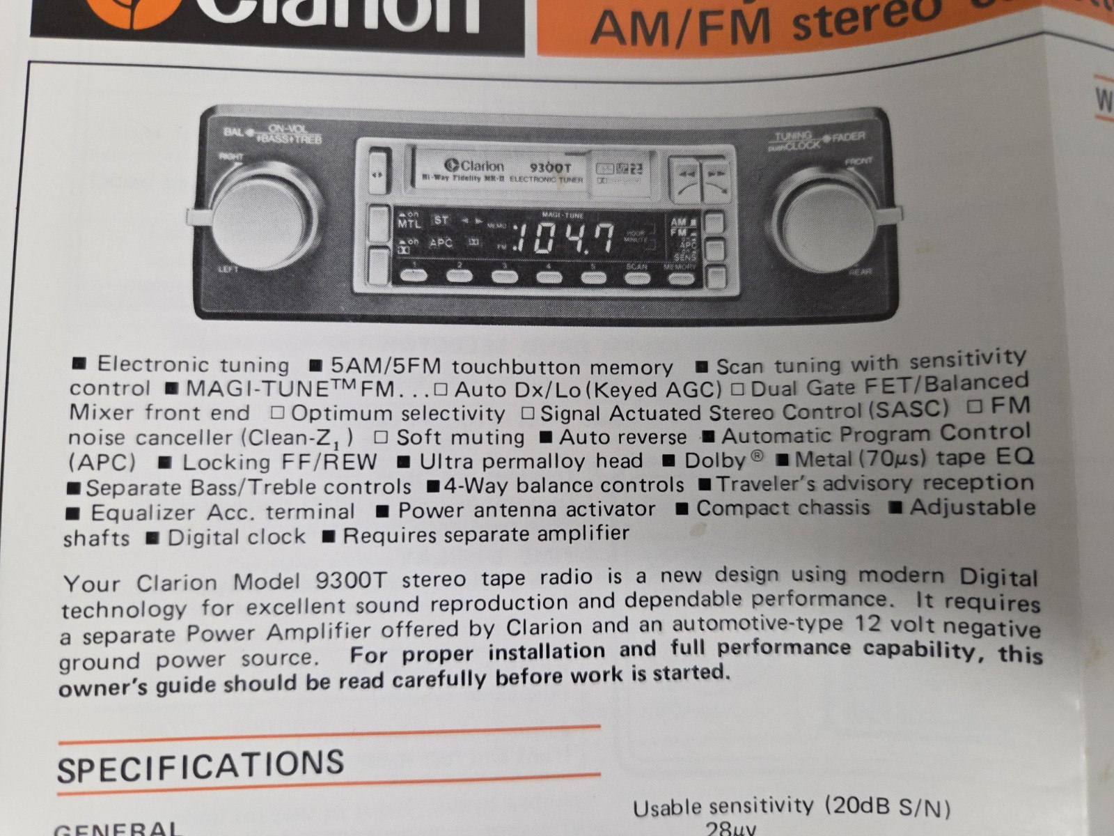 Vintage NOS Clarion 9300T AM/FM Stereo Cassette Tuner Shaft Mount Old School